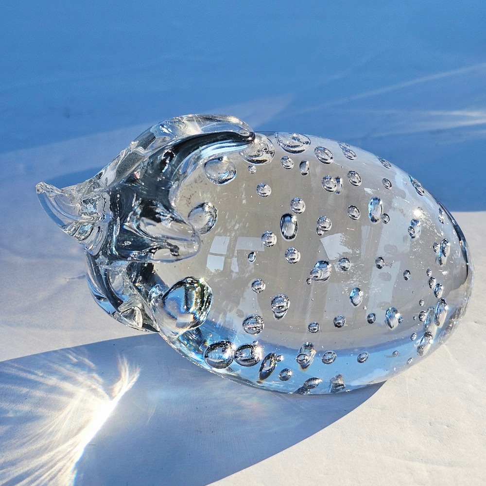 Vintage Signed Clear Art Glass Strawberry Controlled Bubble Paperweight Figurine